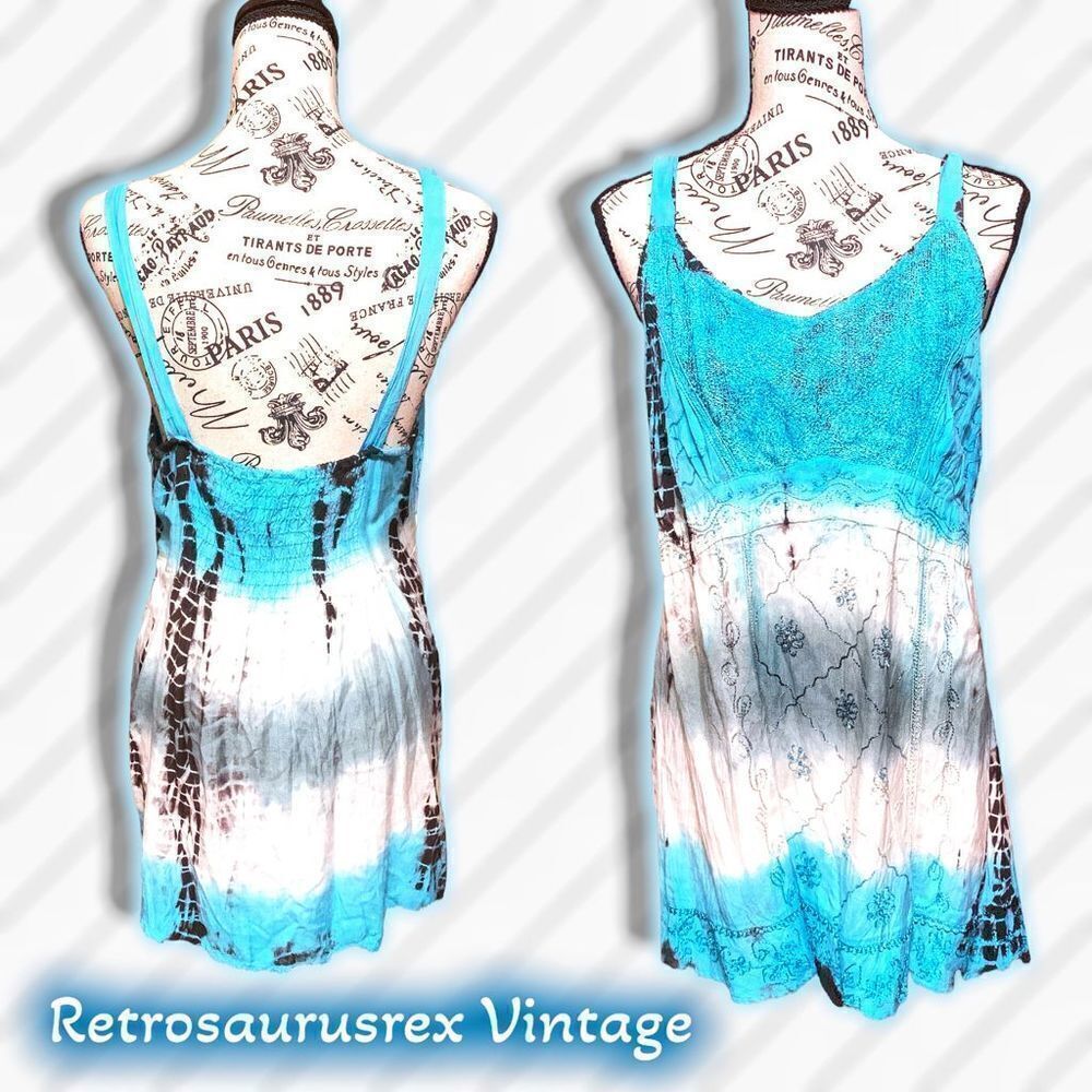 𝅺vintage LSI Blue Boho Hippie Tie Dye Embroidered Tunic Tank Top, Large